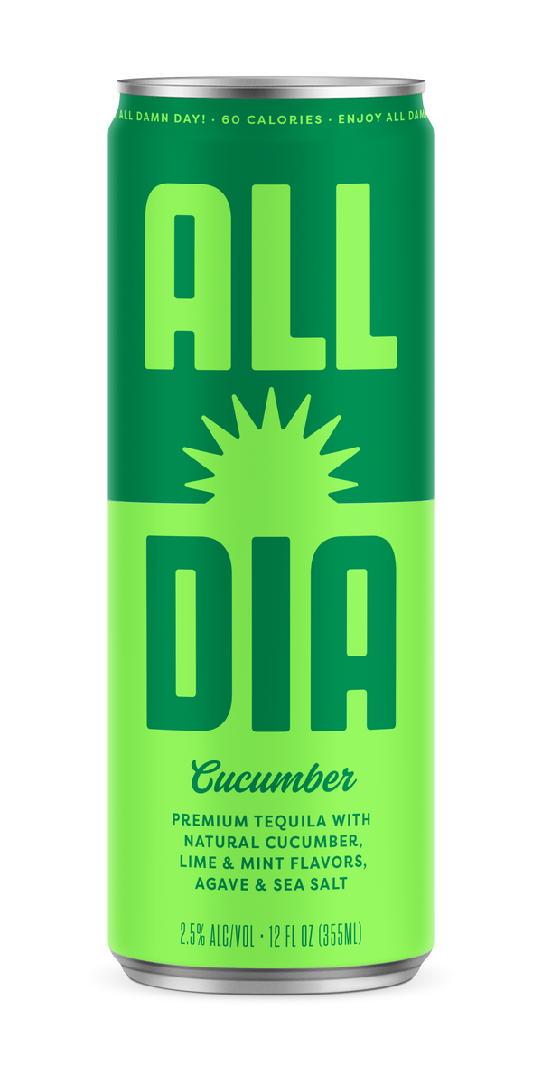 Green can of All Dia Cucumber tequila with sun graphic on a white background