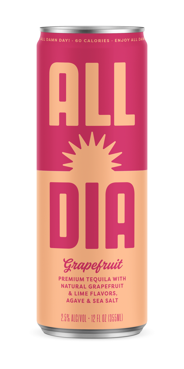 Can of All Dia grapefruit tequila with pink and orange design on a white background